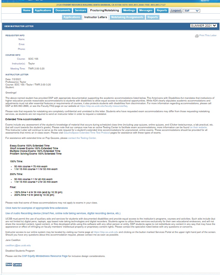 Instructor letter on DSP Portal that includes approved accommodations such as "Extended Time Accommodations and Use of Audio Recording Device."