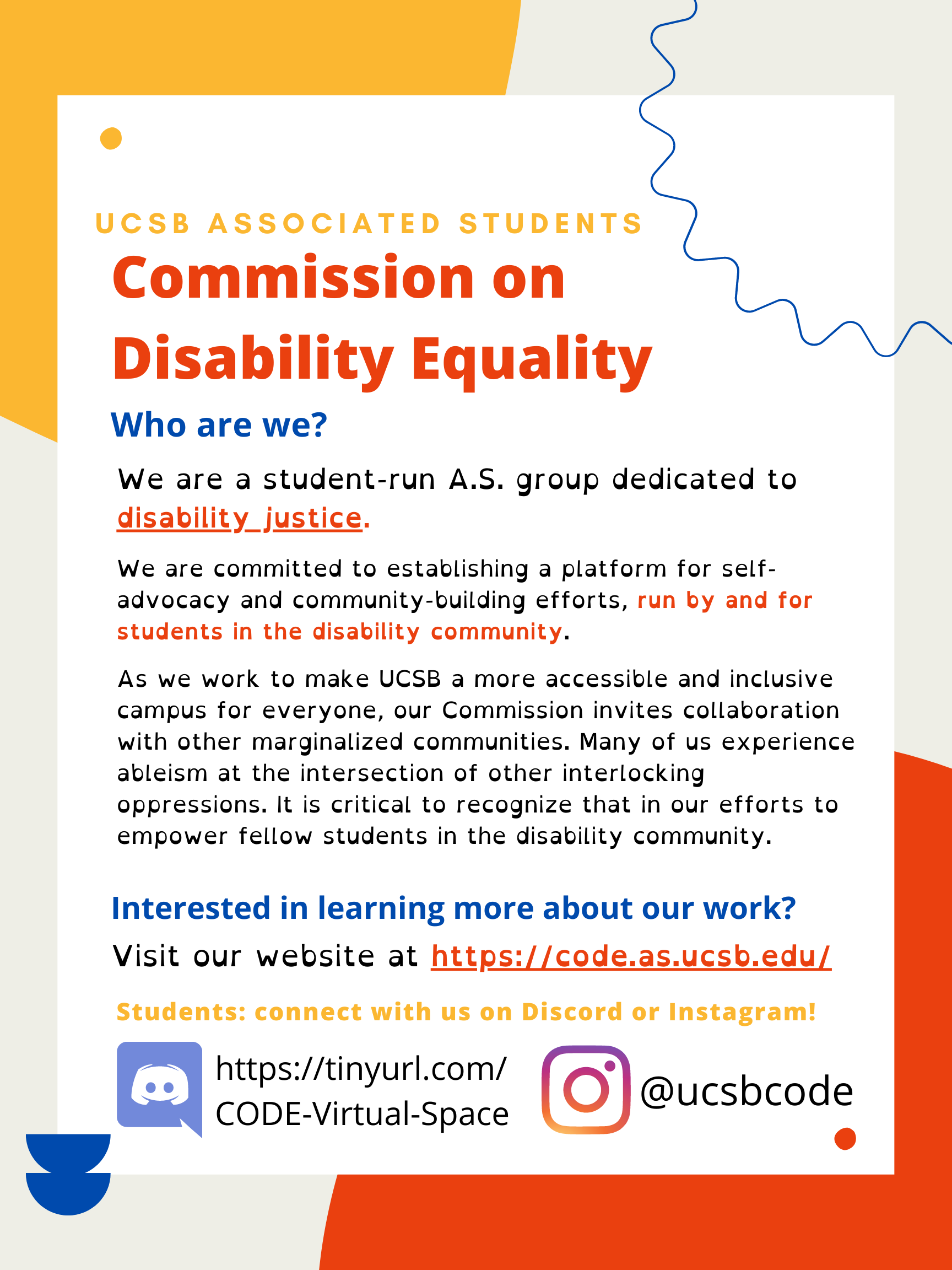CODE flyer regarding who they are and how to learn more about their work. Alt text provided elsewhere on this page.