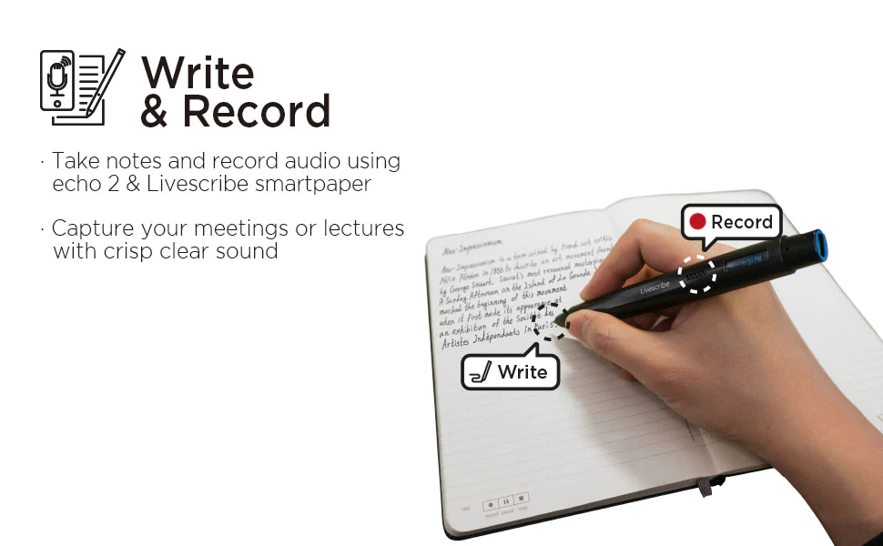 A hand grasping an Echo 2 Smart Pen is writing notes on a Livescribe notebook while recording audio.