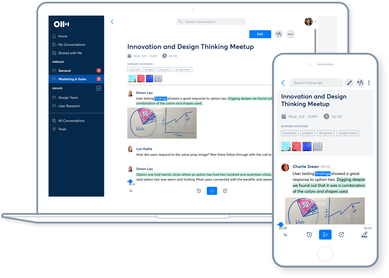 Otter.ai interface is displayed on the screens of a laptop and mobile device