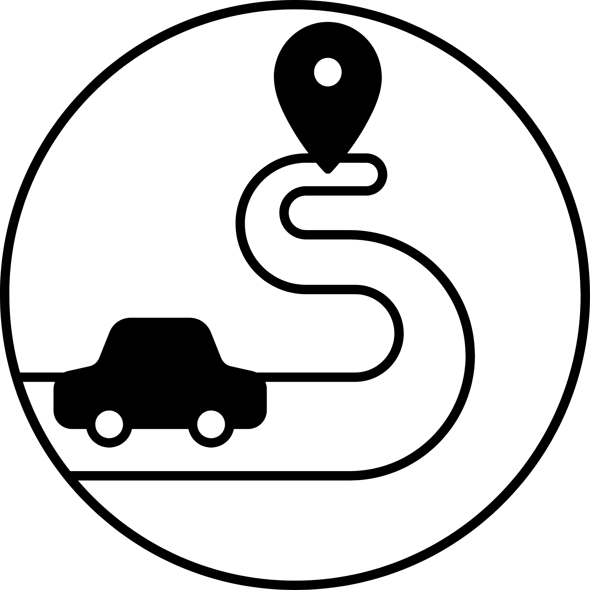 Basic line-graphic of a car driving on a road to a destination pin