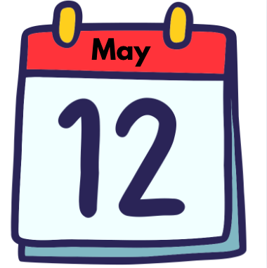 A cartoon-style calendar page shows the word "May" in bold black letters at the top and the number 12 in large, dark blue numbers below. The calendar has a red header with two yellow loops suggesting it is hanging, and the edges are outlined in dark blue.