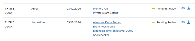 A screenshot of a student list in the faculty portal showing individualized accommodation requests for students. The table displays the request date, a specific list of approved accommodations (e.g., "Memory Aid," "Spellchecker"), a "Pending Review" status, and icons to view or download the official letters.