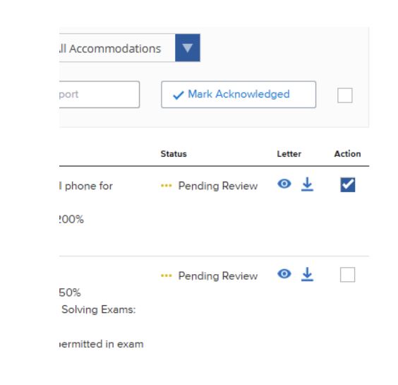 A focused view of the accommodation portal table showing two rows. In the first row, a checkmark is selected in the "Action" column next to a "Pending Review" status, while the "Mark Acknowledged" button at the top of the section is highlighted and ready for selection.