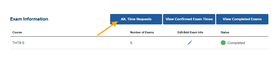 A screenshot of the Exam Information dashboard in the faculty portal. The interface displays a table for the course, showing it has 5 exams listed with a green circle and Completed status. An orange arrow points specifically to the first of three blue navigation buttons: Alt. Time Requests, which sits alongside View Confirmed Exam Times and View Completed Exams.