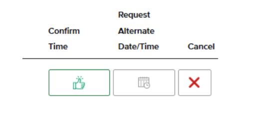 A row of three action buttons for managing exams: a green thumbs-up icon for "Confirm Time," a calendar icon for "Request Alternate Date/Time," and a red X icon for "Cancel"