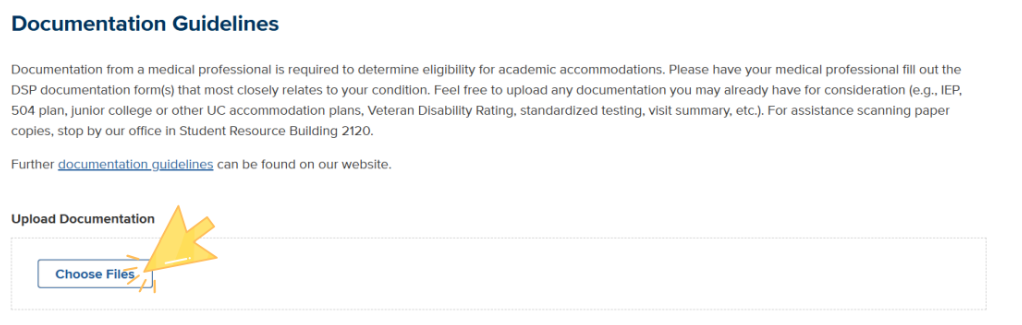 Documentation Guidelines page showing a 'Choose Files' button under the 'Upload Documentation' heading