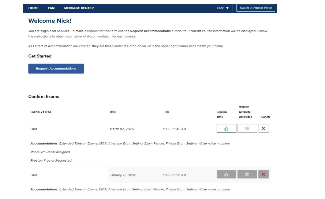 This image displays the "Confirm Exams" table, which lists upcoming assessments like a "Quiz" along with their specific dates, times, and assigned accommodations. To manage these requests, the interface provides a green thumbs-up icon to confirm the scheduled time, a calendar icon to request an alternate date or time, and a red X icon to cancel the request.