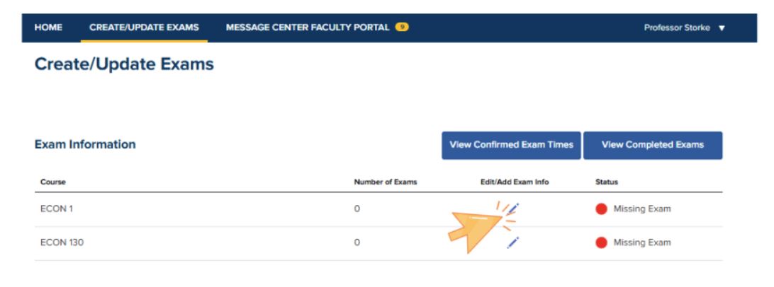 A screenshot of the "Exam Information" section within a faculty portal dashboard. A table lists specific courses alongside columns for the number of exams scheduled and their current status. An orange arrow points to a "Pencil and Paper" icon under the "Action" column, indicating the step to add or edit exam details for a course.