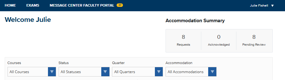 A screenshot of a Faculty Portal webpage shows a dark blue navigation bar with text links to 'HOME' ,'EXAMS', and 'Message Center' in the top left corner. This exams button is located between the 'Home" and "Message Center' buttons. 