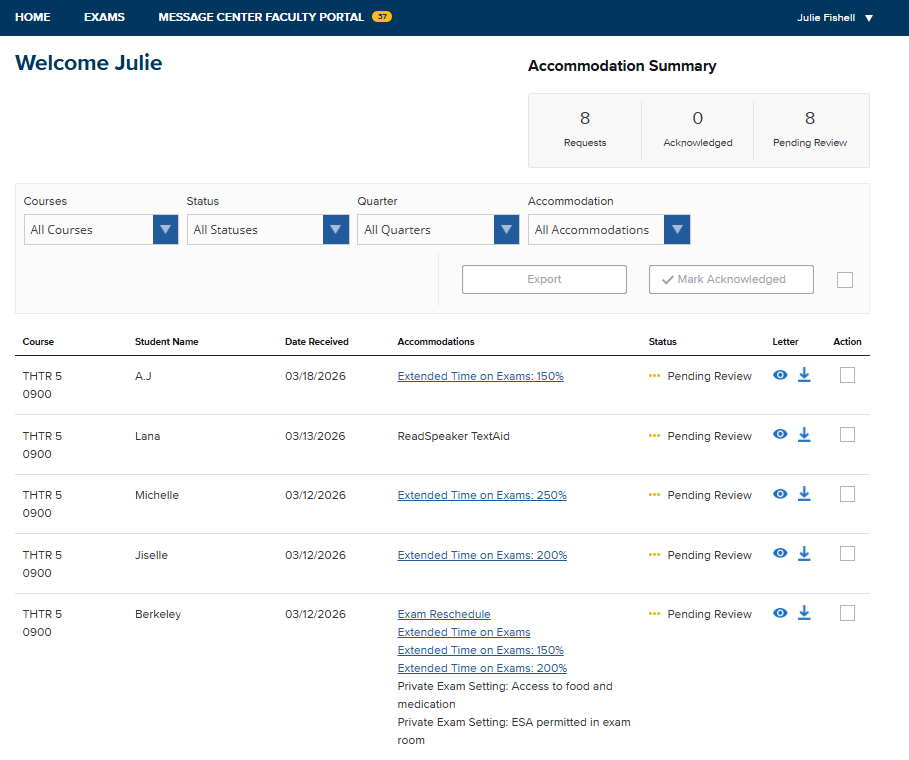 A screenshot of the main faculty portal dashboard titled "Welcome Julie." The navigation bar at the top of the page features several tabs: "HOME," "EXAMS," and "MESSAGE CENTER FACULTY PORTAL." The rest of the page displays an accommodation summary and a table of student requests currently pending review.