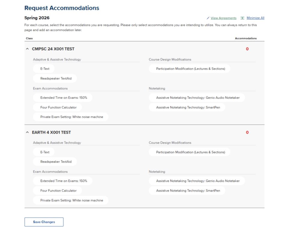 This screenshot shows digital interface after selecting "expand all" for requesting academic accommodations. It is organized by courses,  displays various selectable categories such as Exam Accommodations and Notetaking, each containing specific options like "Extended Time on Exams: 150%" and "SmartPen" next to a "Save Changes" button.
