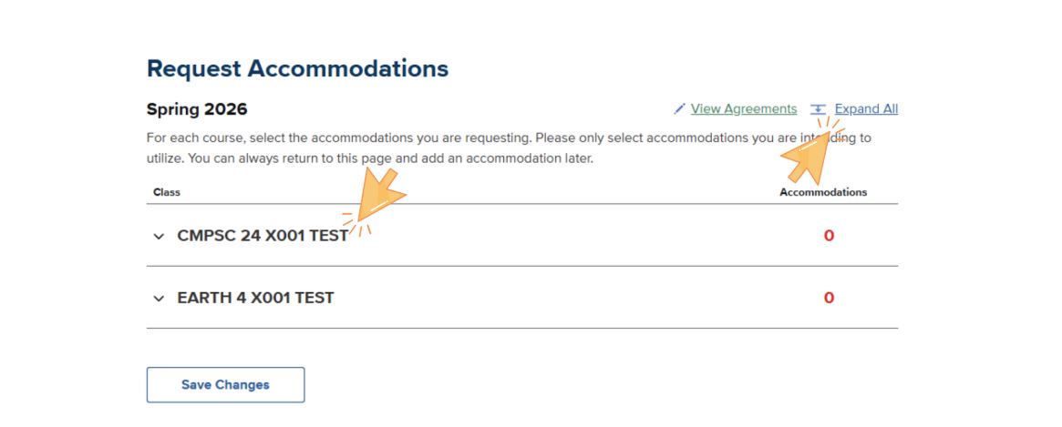 Request Accommodations page showing course list for Spring 2026 with an 'Expand All' link and individual course names that can be clicked to show more details.