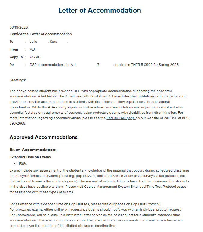 A digital Letter of Accommodation addressed to Professor Julie. The document confirms a student's eligibility for services under the Americans with Disabilities Act. It includes a specific "Approved Accommodations" section, which lists "Extended Time on Exams: 150%" for all assessments that occur during scheduled class time, including quizzes and lab practicals.