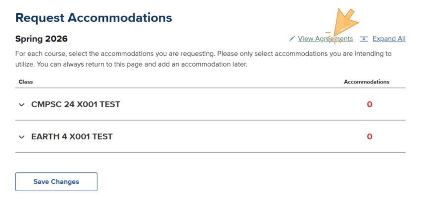 Request Accommodations page showing a list of courses and a 'View Agreements' link in the top right.