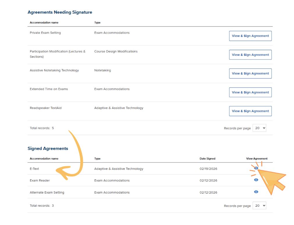  Gemini said This screenshot shows a digital portal divided into two sections: "Agreements Needing Signature" and "Signed Agreements," which list various academic accommodations. An orange arrow points from the pending list to the signed list, while a large cursor clicks an eye icon to demonstrate how to view a completed agreement