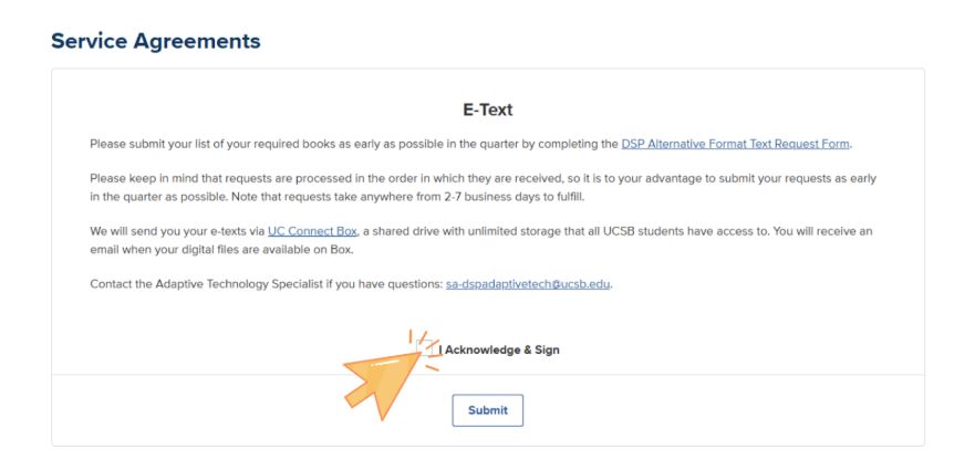 E-Text Service Agreement page with a checkbox labeled 'I Acknowledge & Sign' and a Submit button.