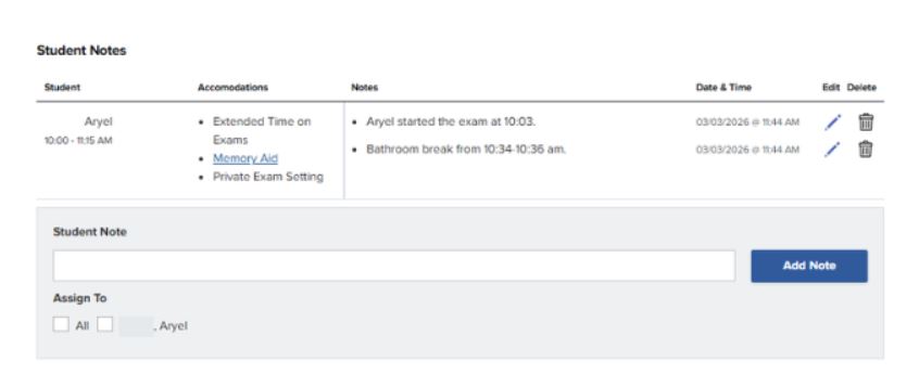 A screenshot of the Student Notes interface within the faculty portal. The page features a summary table for a specific student, listing their scheduled exam time, specific accommodations (such as Extended Time and Memory Aid), and chronological proctoring notes (e.g., exam start time and bathroom breaks). Below the table, an Add Note section allows instructors to type and assign new comments to the student's record.