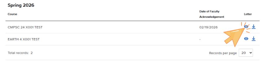 A table showing a list of courses with columns for the Date of Faculty Acknowledgement and icons to view or download the Letter of Accommodation.