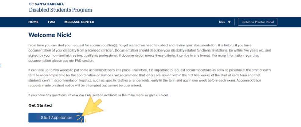Dashboard view showing the 'Welcome' message and the 'Start Application' button at the bottom of the page