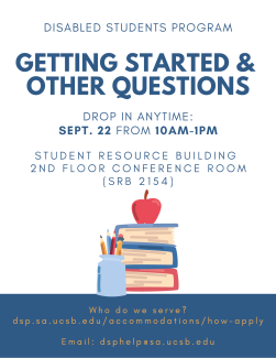 Getting Started & Other Questions.png Decorative flyer. White on top, blue strip on bottom. Books with an apple on top and a pencil holder next to them rest on the blue strip with the informational text above.