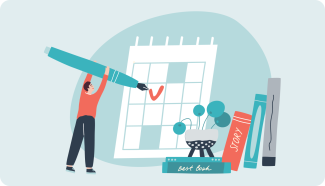 Graphic of person making a check mark on a calendar with books leaning next to it