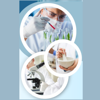 Three circular images overlapping: a scientist in protective gear handling test tubes with plants, a person using a mortar and pestle, and a scientist examining a sample under a microscope.