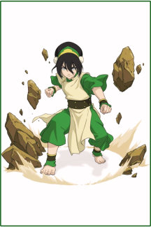 Toph Beifong, a powerful and blind earthbender from Avatar: The Last Airbender, stands in a fighting stance surrounded by levitating rocks. She wears her signature green and cream outfit, emphasizing her connection to the earth.