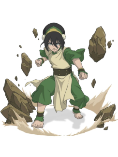 A young girl with long black hair, wearing a green and beige outfit, stands in a wide stance with clenched fists and a fierce expression. Large chunks of rock are erupting upward around her feet, suggesting she is using earth-based powers.