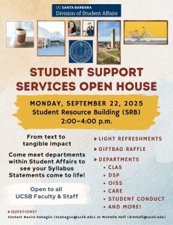 A UCSB faculty invitation with a collage of campus-themed images at the top, including a building, a bike, and people. The main text, which is "STUDENT SUPPORT SERVICES OPEN HOUSE," is superimposed on a prominent yellow watercolor-like splotch.